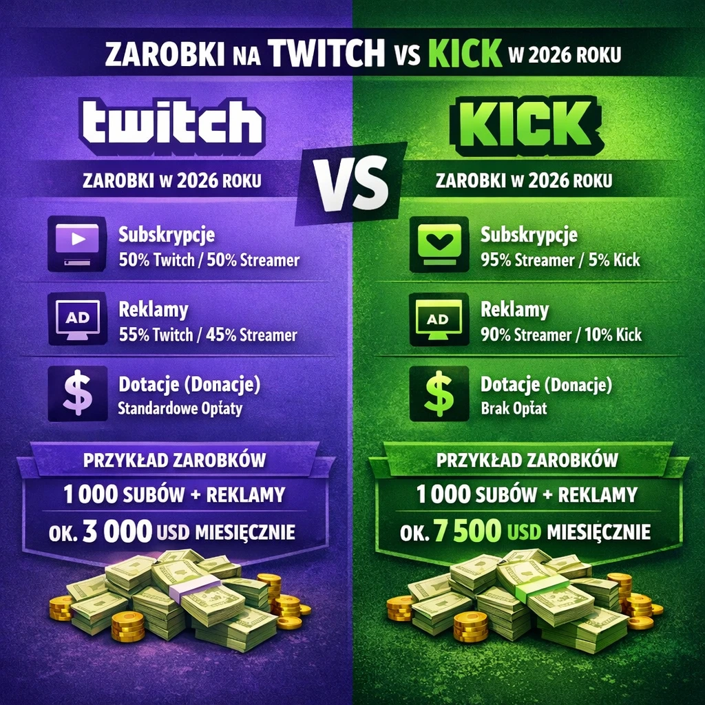 porównanie zarobków streamerów 2026 twitch vs kick wykres