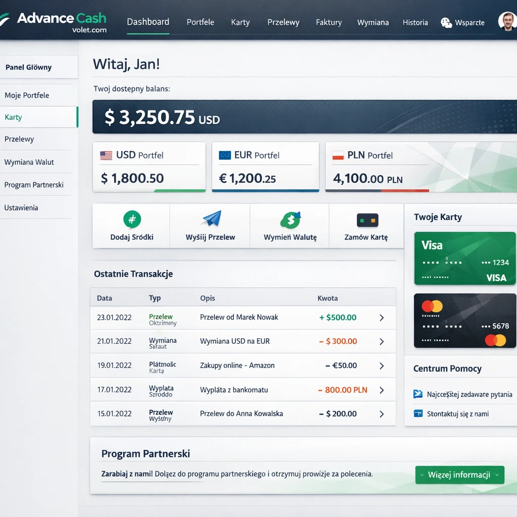 Panel użytkownika Advance Cash (Volet.com) – przegląd interfejsu platformy z widokiem salda, historii transakcji i menu głównego