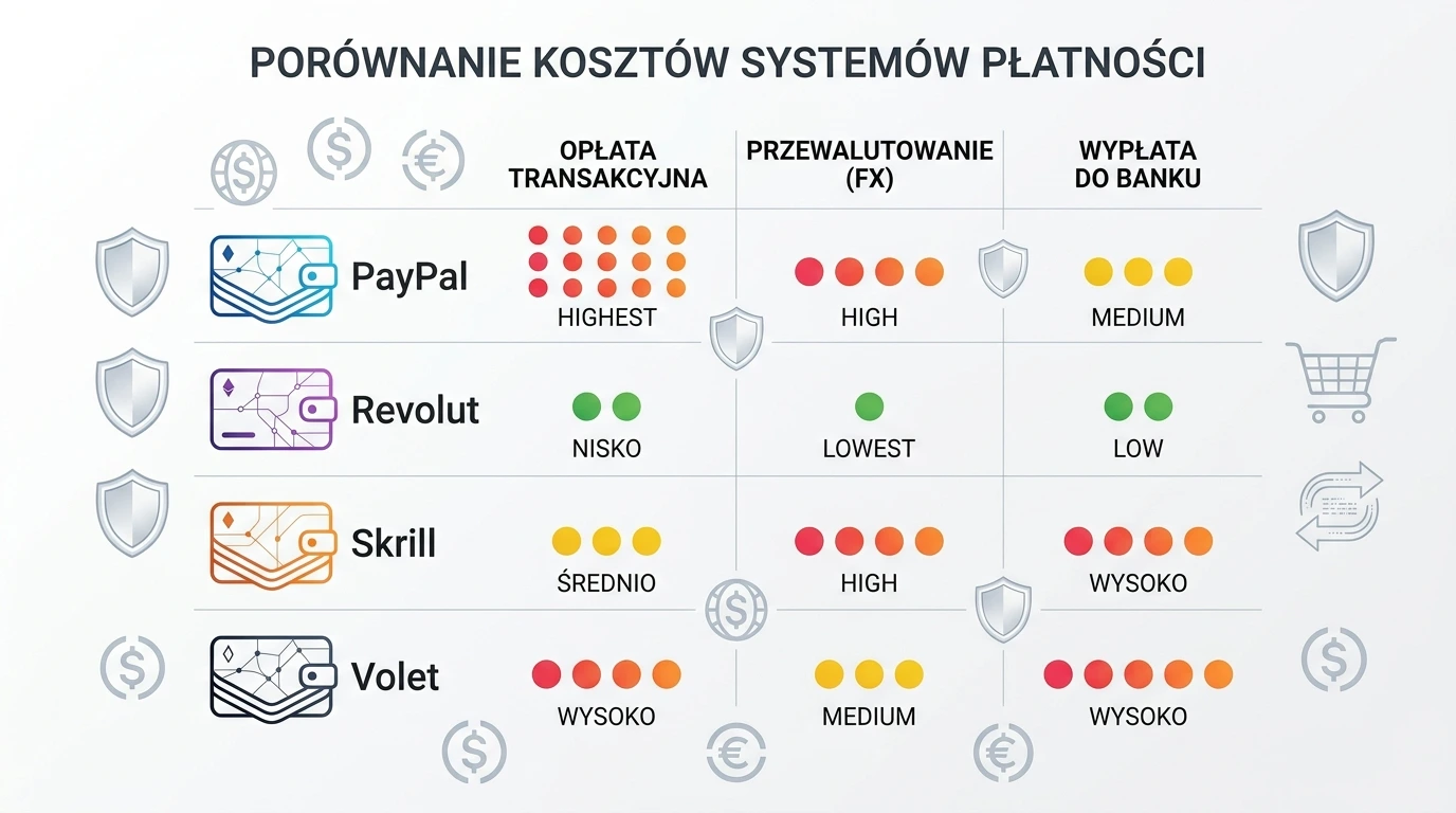 Porównanie kosztów: prowizje, FX i wypłaty do banku w PayPal, Revolut, Skrill i Volet