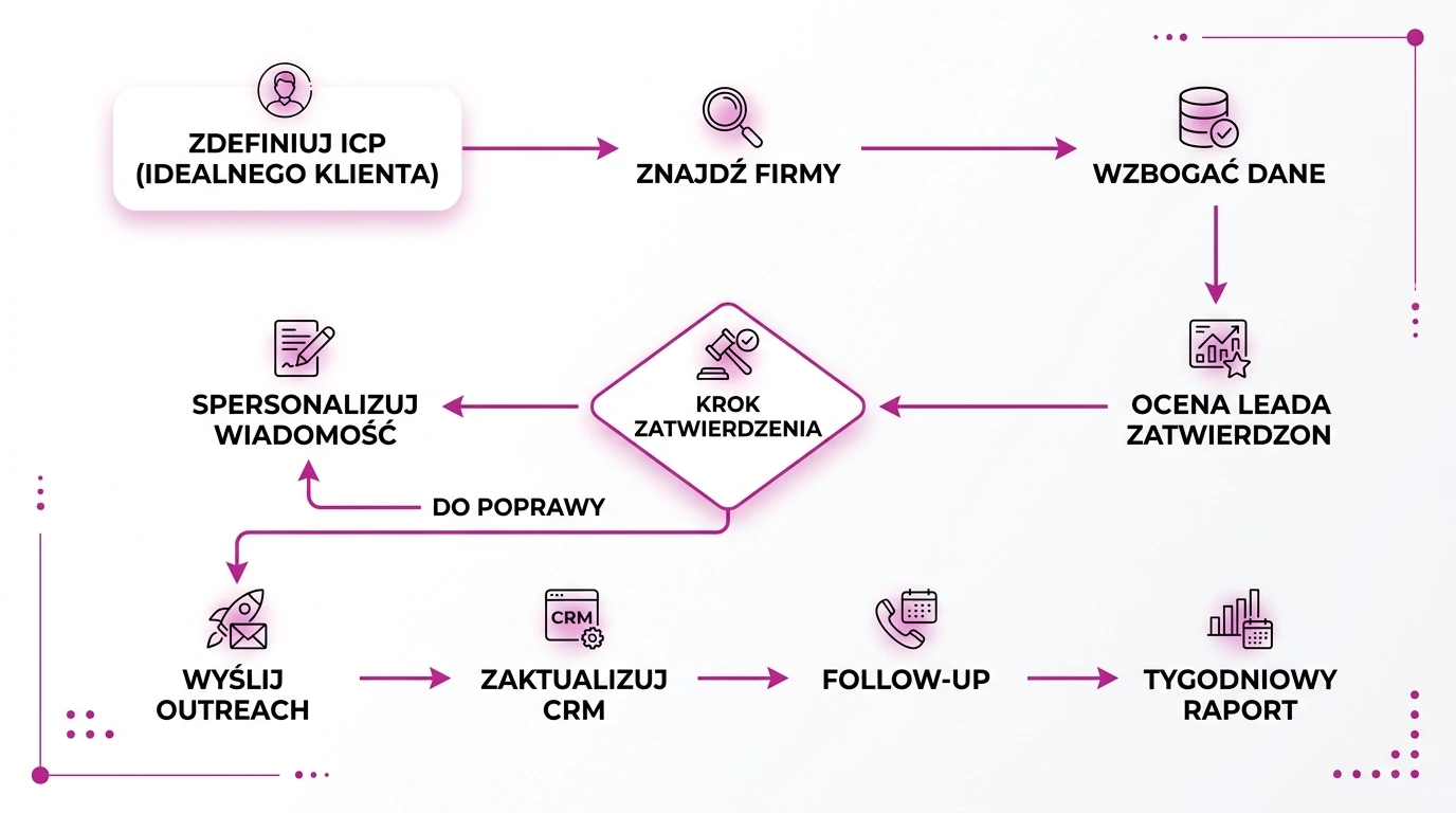 Schemat procesu lead generation z agentem AI: wyszukanie firm, scoring, personalizacja, outreach i CRM